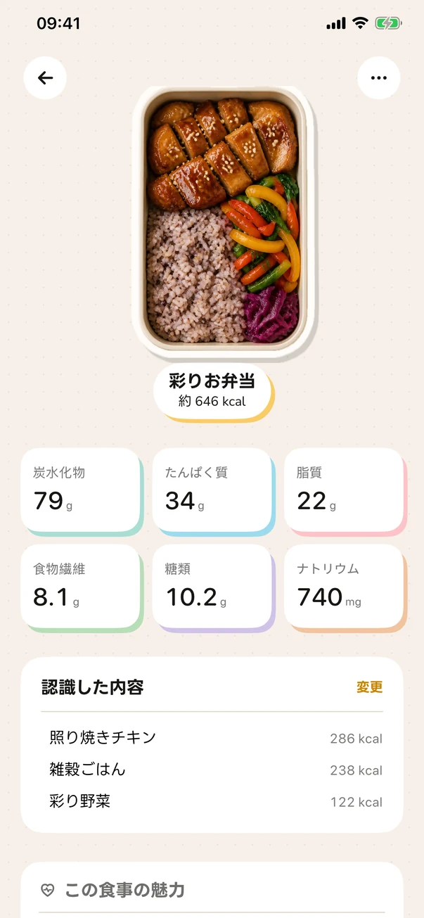 Foodleの食事ごとの栄養詳細